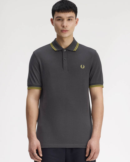 Fred Perry Mens Twin Tipped Signature Polo Shirt - Anchor Grey/Tennis Ball Yellow 58A