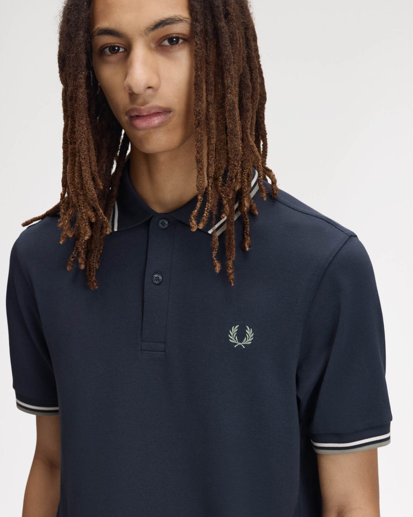 Fred Perry Mens Twin Tipped Signature Polo Shirt - Dark Airforce/Ecru/Seagrass 72C front detail