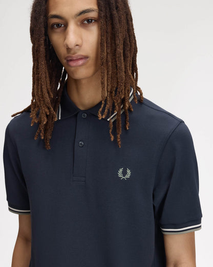 Fred Perry Mens Twin Tipped Signature Polo Shirt - Dark Airforce/Ecru/Seagrass 72C front detail