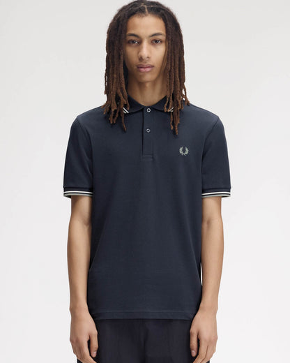 Fred Perry Mens Twin Tipped Signature Polo Shirt - Dark Airforce/Ecru/Seagrass 72C front