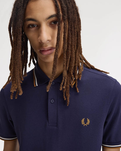 Fred Perry Mens Twin Tipped Signature Polo Shirt - Navy/Snow White/Dark Caramel 73C front detail