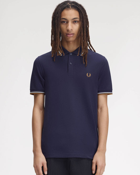 Fred Perry Mens Twin Tipped Signature Polo Shirt - Navy/Snow White/Dark Caramel 73C front