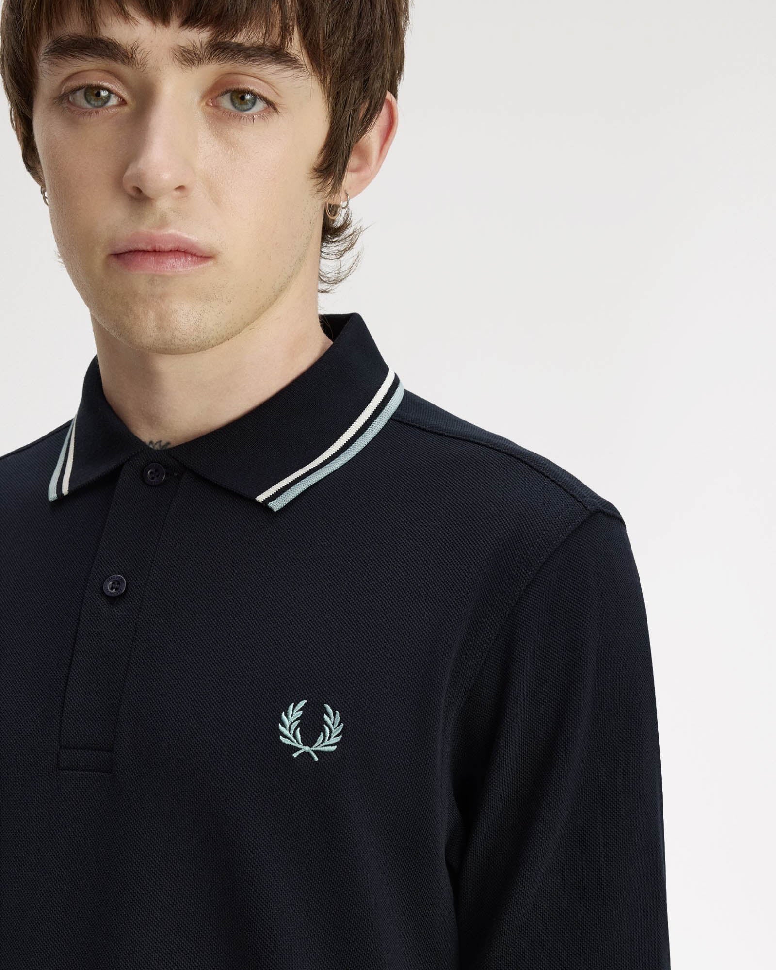 Fred Perry Mens Twin Tipped Signature Polo Shirt - Navy/Ecru/Silver Blue 74C front detail