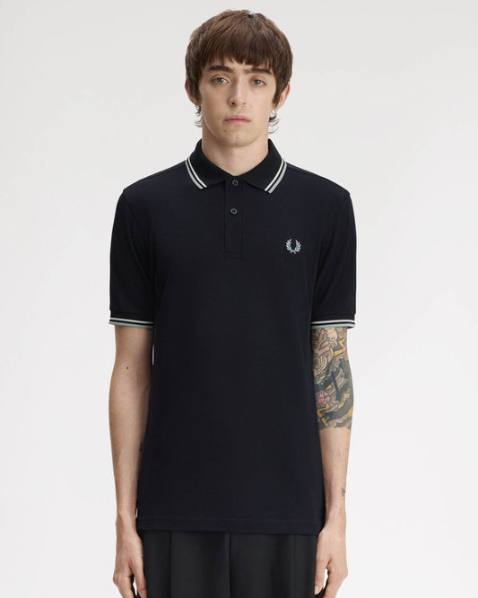 Fred Perry Mens Twin Tipped Signature Polo Shirt - Navy/Ecru/Silver Blue 74C front