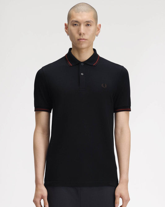 Fred Perry Mens Twin Tipped Signature Polo Shirt - Navy/Burgundy/Rich brown 75C front