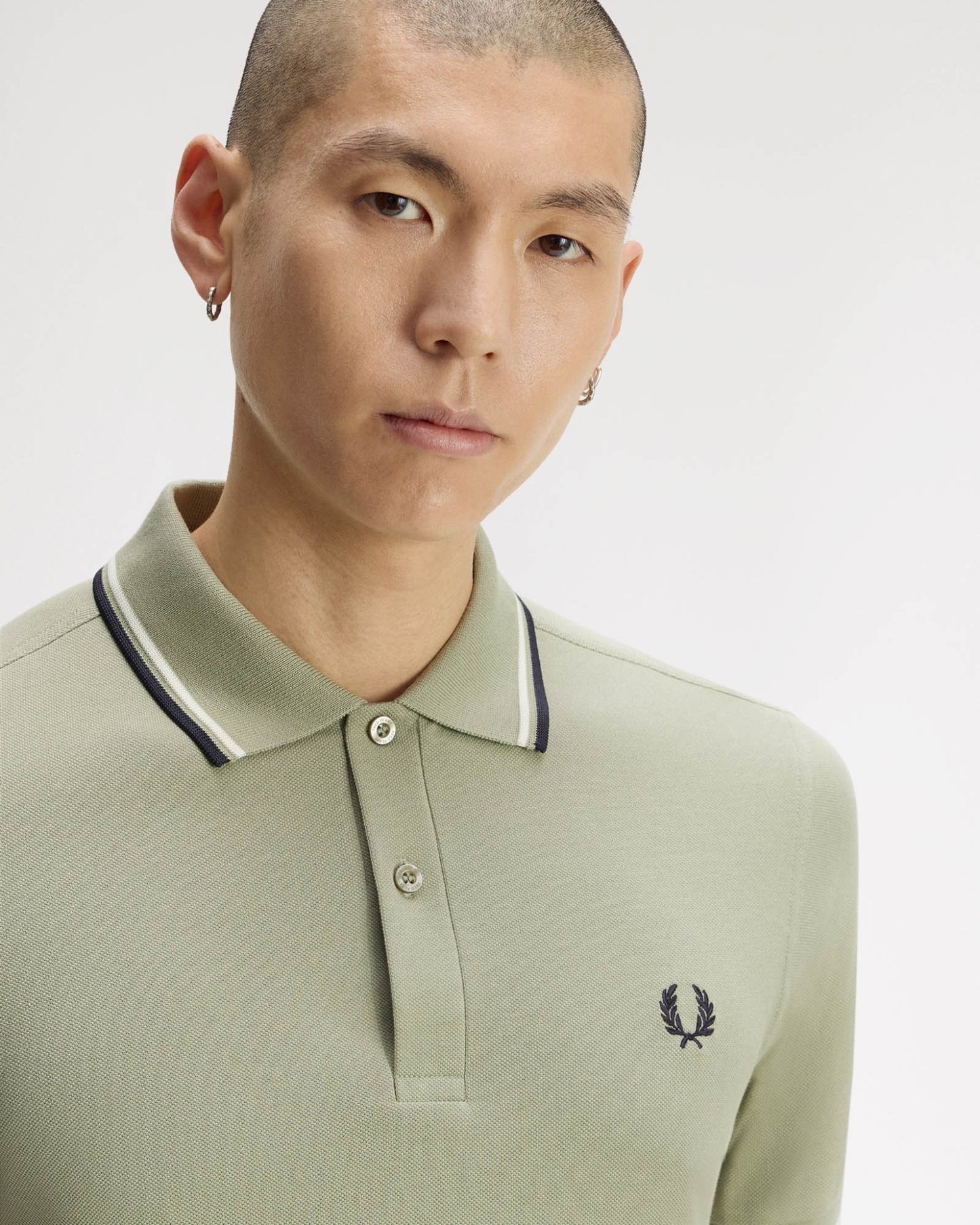 Fred Perry Mens Twin Tipped Signature Polo Shirt - Seagrass/Ecru/Dark Airforce 76C front detail