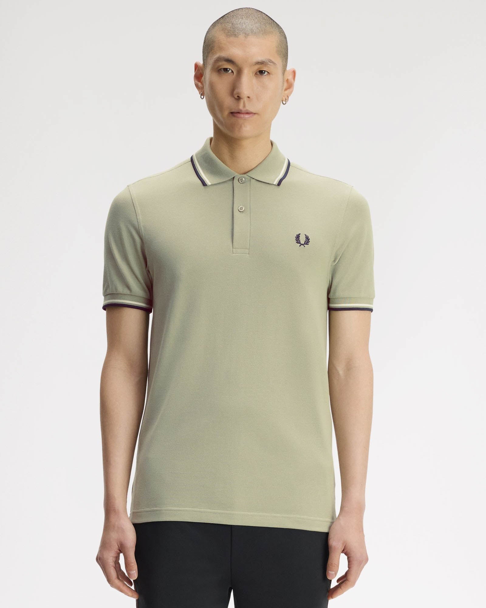 Fred Perry Mens Twin Tipped Signature Polo Shirt - Seagrass/Ecru/Dark Airforce 76C front