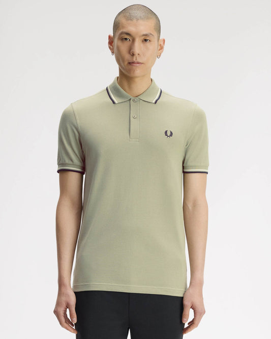 Fred Perry Mens Twin Tipped Signature Polo Shirt - Seagrass/Ecru/Dark Airforce 76C front