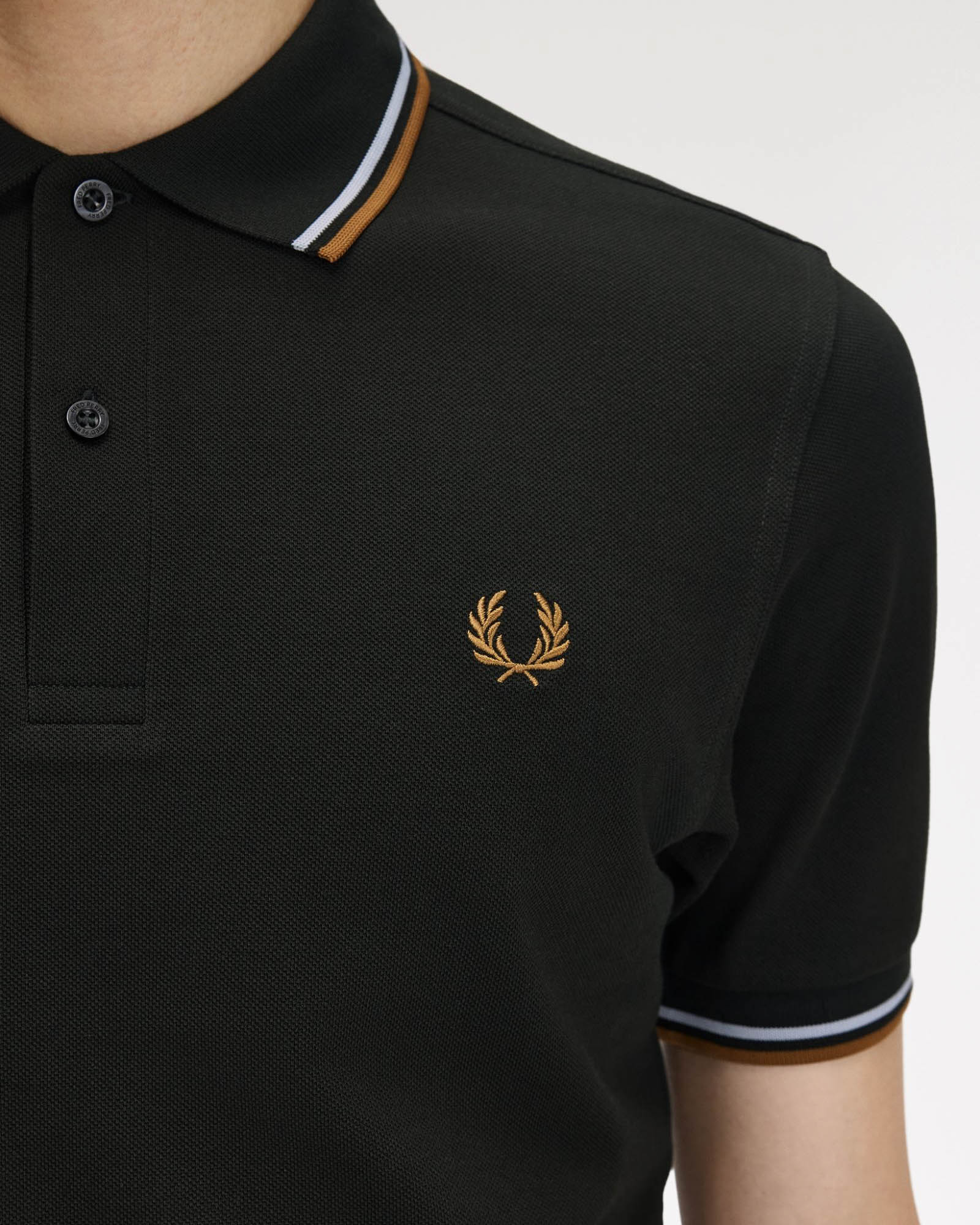 Fred Perry Mens Twin Tipped Signature Polo Shirt - Night Green/Dusk Blue/Dark Caramel 78C front detail