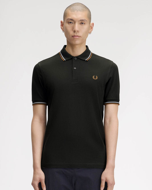 Fred Perry Mens Twin Tipped Signature Polo Shirt - Night Green/Dusk Blue/Dark Caramel 78C front