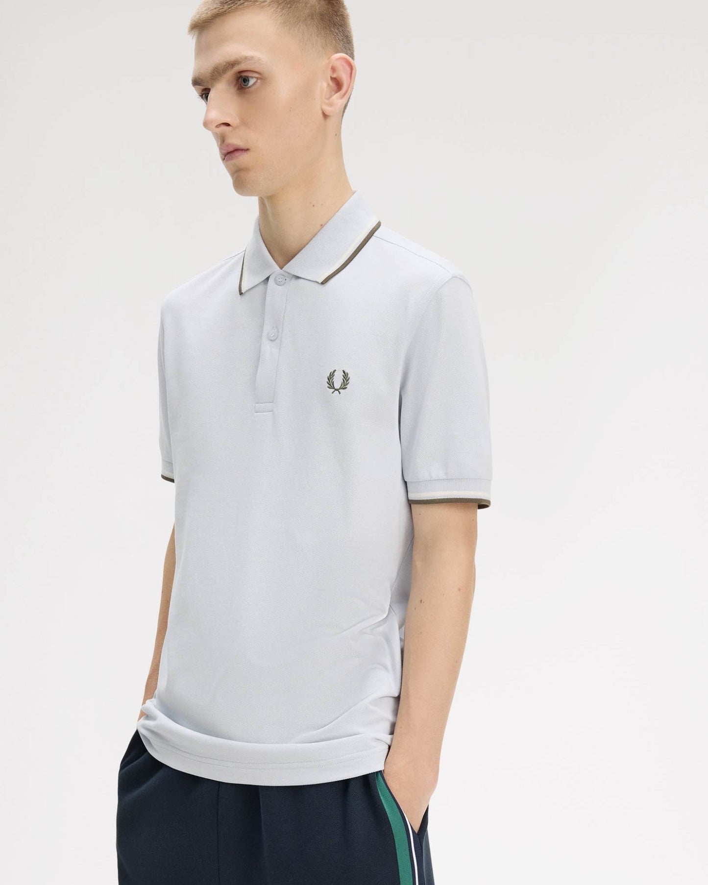 Fred Perry Mens Twin Tipped Signature Polo Shirt - Dusky Blue/Ecru/Laurel Wreath Green 80B | CHO | Designer Mens Short Sleeve Polo Shirts