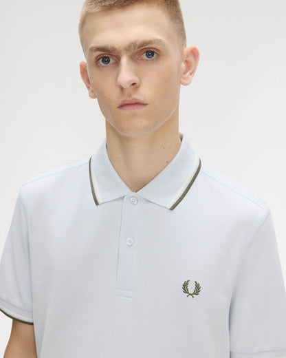 Fred Perry Mens Twin Tipped Signature Polo Shirt - Dusky Blue/Ecru/Laurel Wreath Green 80B | CHO | Designer Mens Short Sleeve Polo Shirts