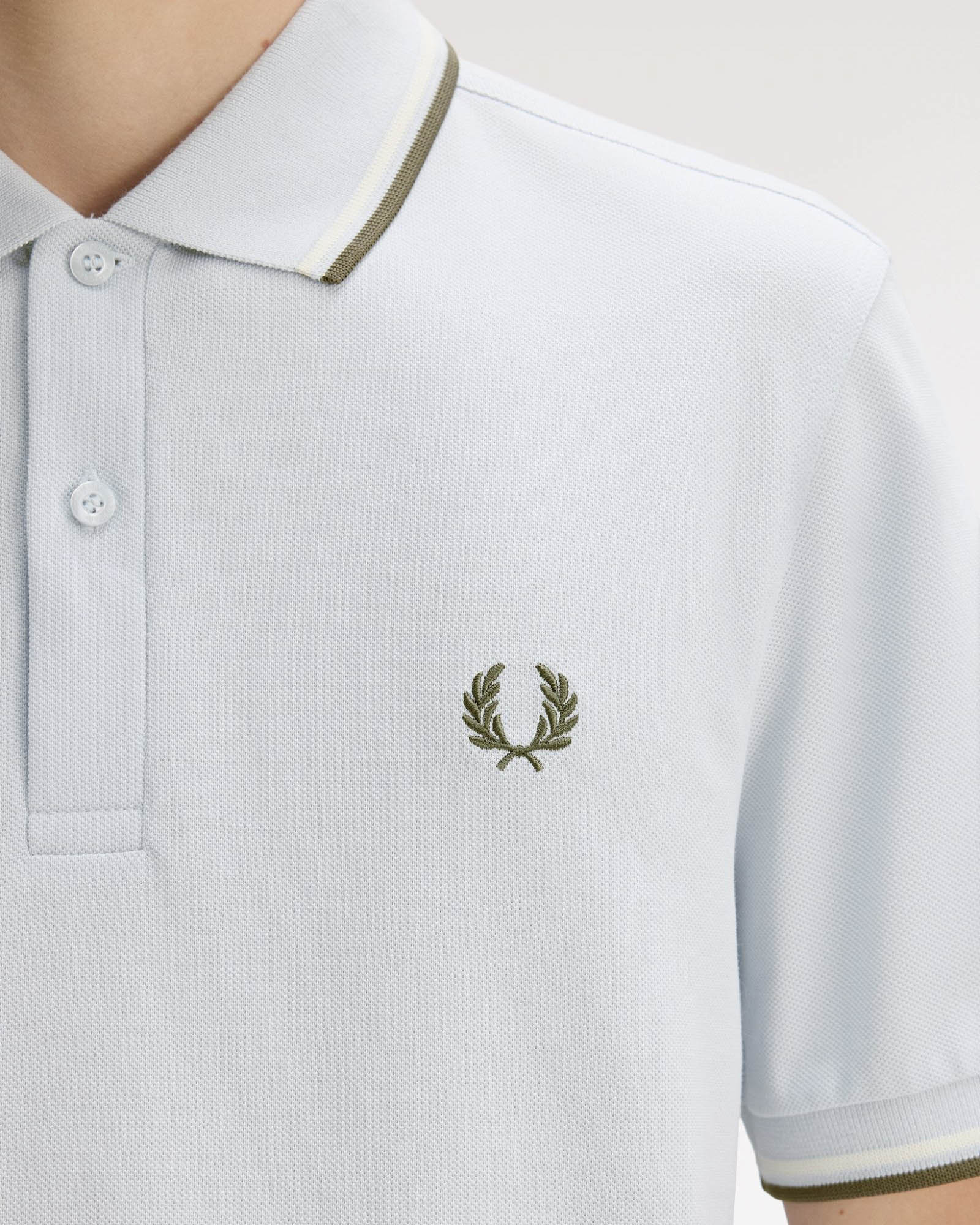 Fred Perry Mens Twin Tipped Signature Polo Shirt - Dusky Blue/Ecru/Laurel Wreath Green 80B | CHO | Designer Mens Short Sleeve Polo Shirts