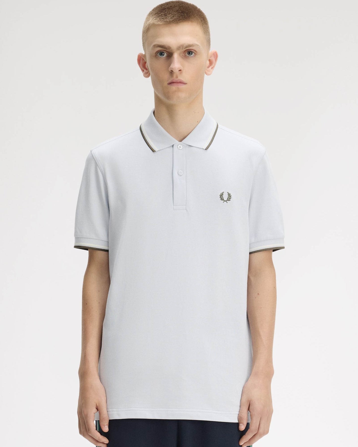 Fred Perry Mens Twin Tipped Signature Polo Shirt - Dusky Blue/Ecru/Laurel Wreath Green 80B | CHO | Designer Mens Short Sleeve Polo Shirts