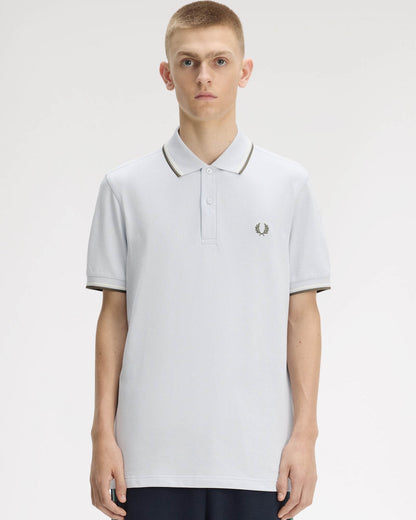 Fred Perry Mens Twin Tipped Signature Polo Shirt - Dusky Blue/Ecru/Laurel Wreath Green 80B | CHO | Designer Mens Short Sleeve Polo Shirts