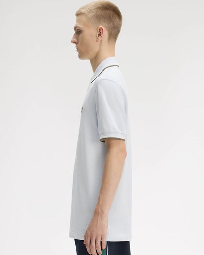Fred Perry Mens Twin Tipped Signature Polo Shirt - Dusky Blue/Ecru/Laurel Wreath Green 80B | CHO | Designer Mens Short Sleeve Polo Shirts