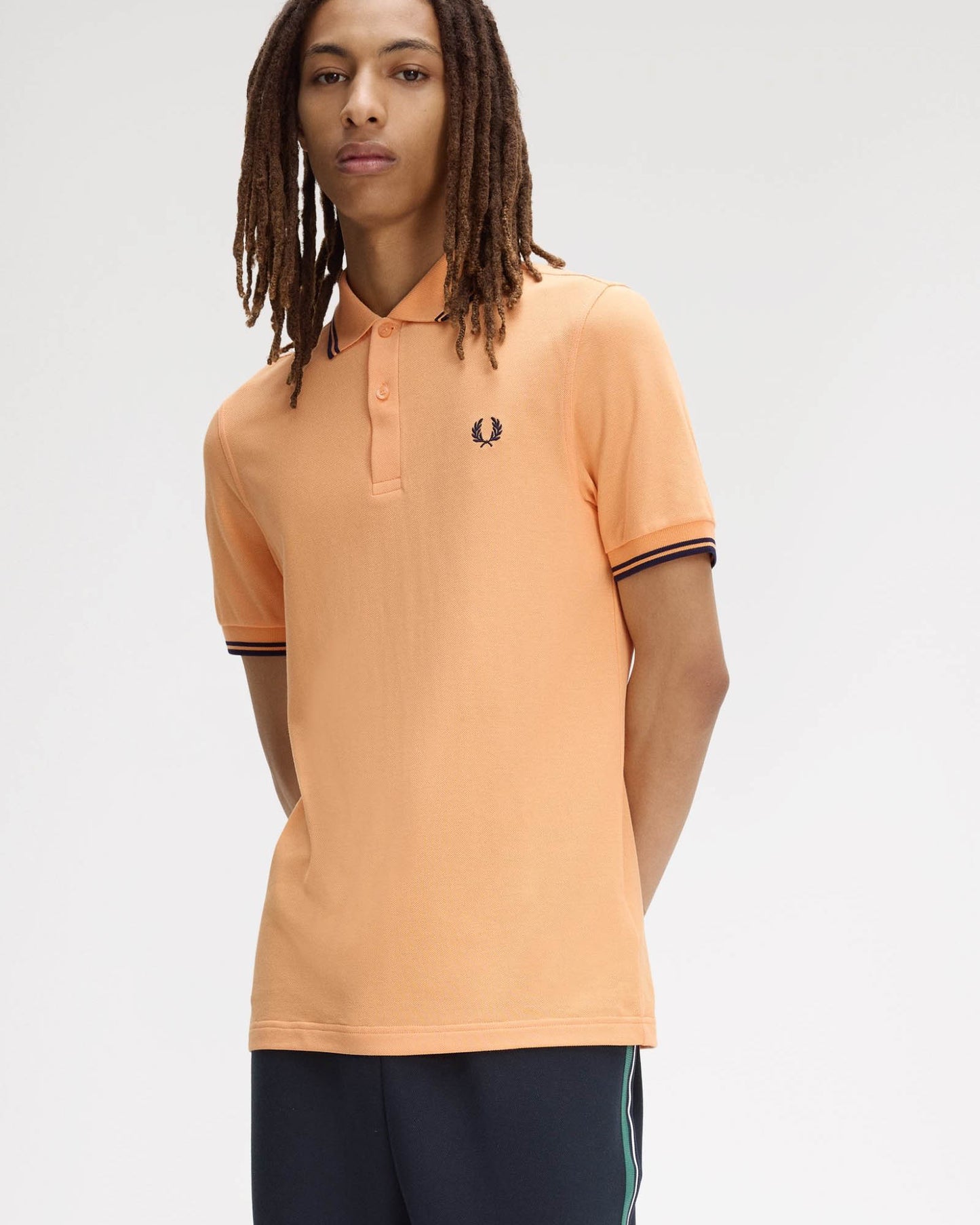 Fred Perry Mens Twin Tipped Signature Polo Shirt - Peach/French Navy/French Navy 82B | CHO | Designer Mens Short Sleeve Polo Shirts
