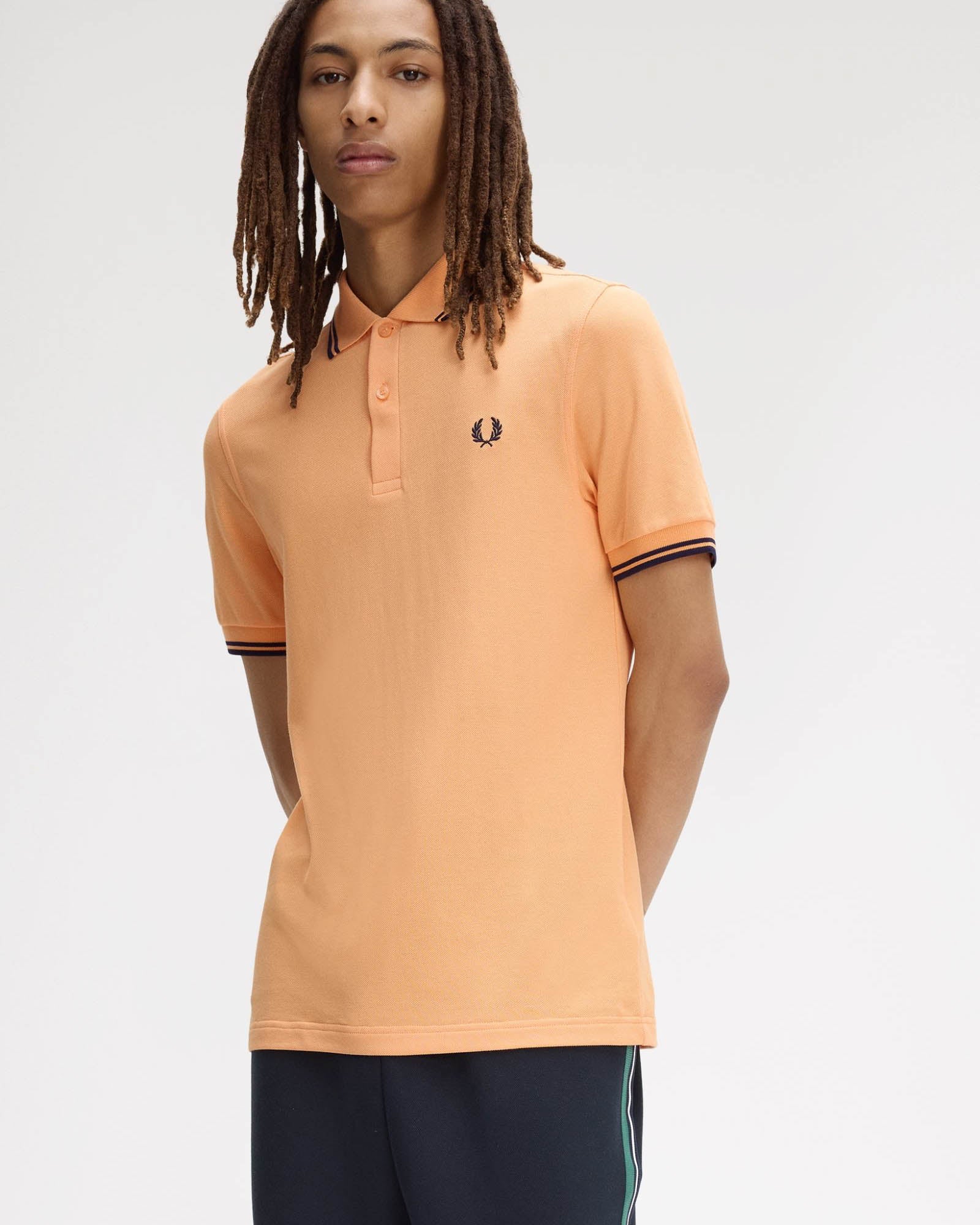 Fred Perry Mens Twin Tipped Signature Polo Shirt - Peach/French Navy/French Navy 82B | CHO | Designer Mens Short Sleeve Polo Shirts