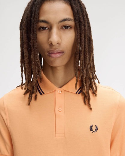 Fred Perry Mens Twin Tipped Signature Polo Shirt - Peach/French Navy/French Navy 82B | CHO | Designer Mens Short Sleeve Polo Shirts