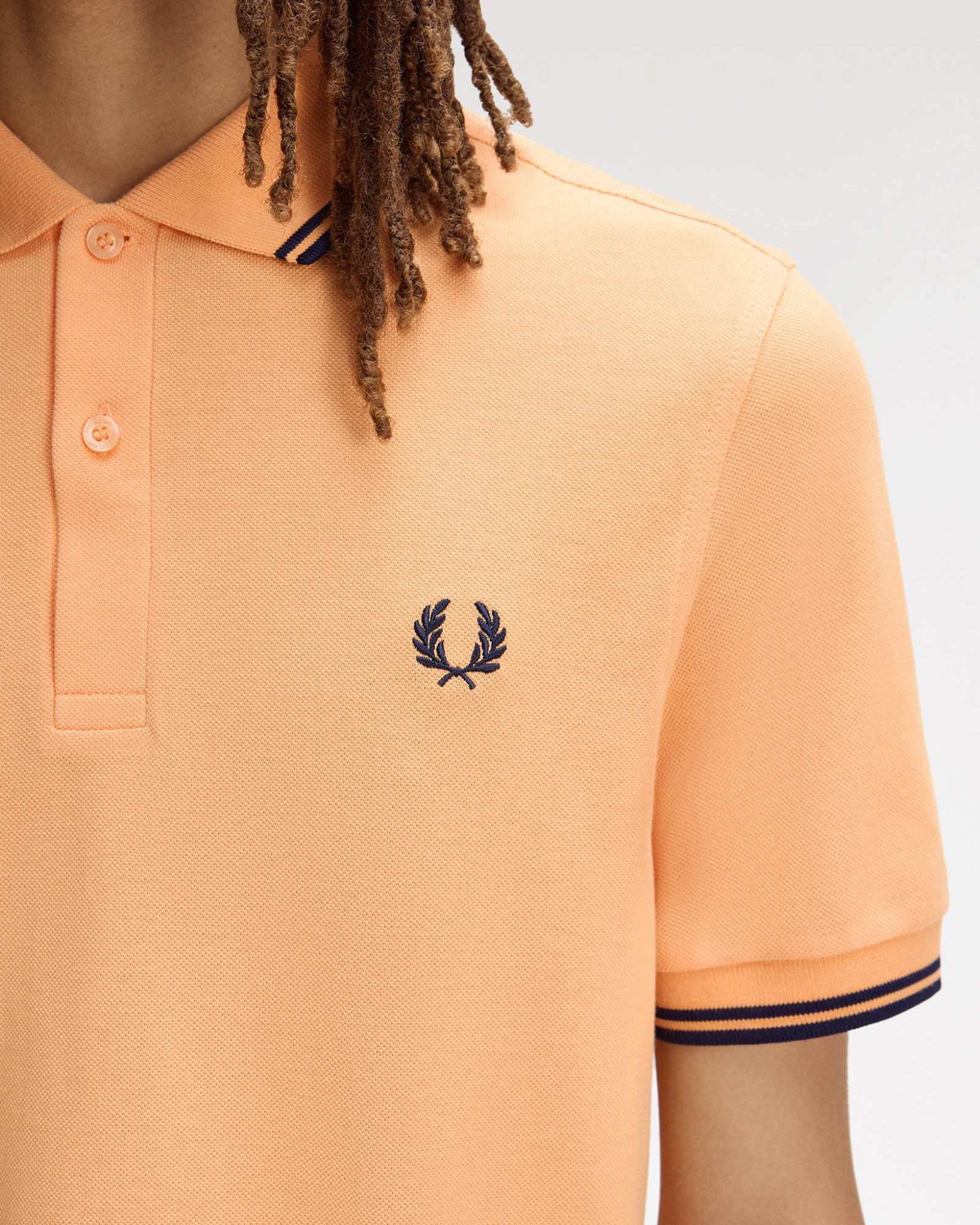 Fred Perry Mens Twin Tipped Signature Polo Shirt - Peach/French Navy/French Navy 82B | CHO | Designer Mens Short Sleeve Polo Shirts