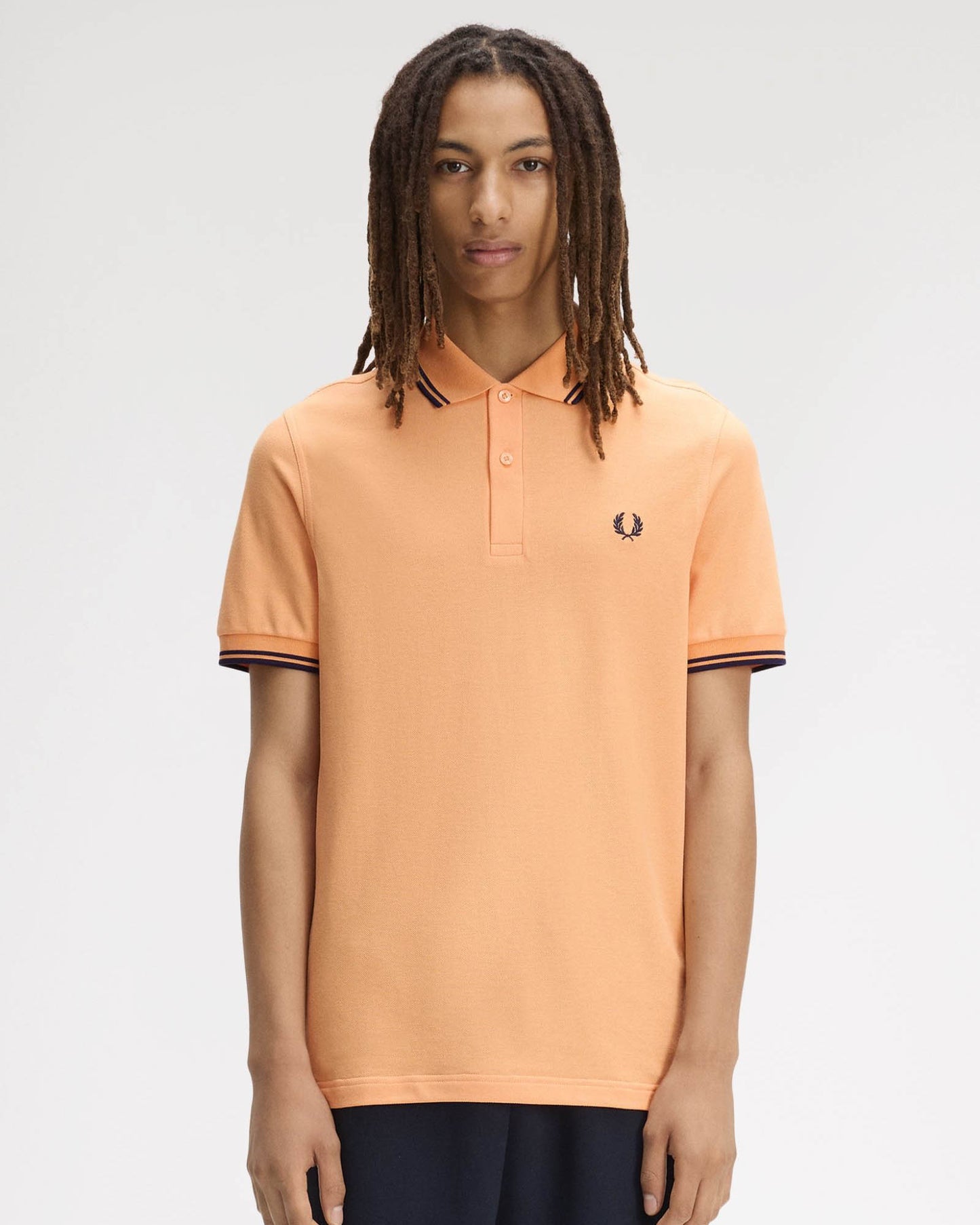 Fred Perry Mens Twin Tipped Signature Polo Shirt - Peach/French Navy/French Navy 82B | CHO | Designer Mens Short Sleeve Polo Shirts