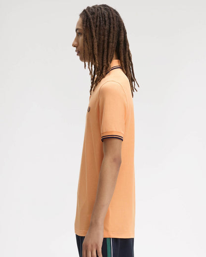 Fred Perry Mens Twin Tipped Signature Polo Shirt - Peach/French Navy/French Navy 82B | CHO | Designer Mens Short Sleeve Polo Shirts
