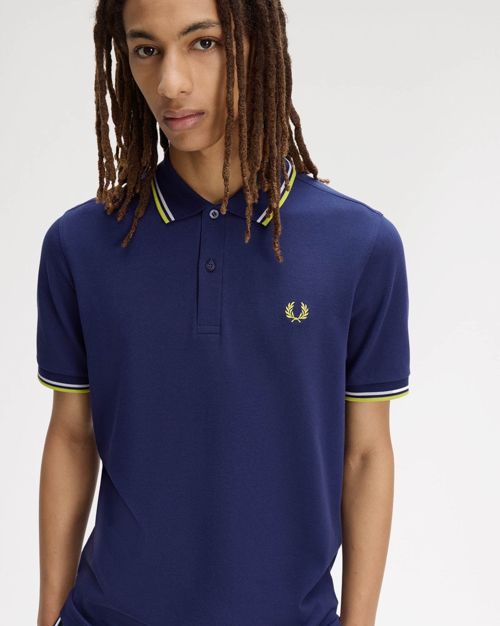 Fred Perry Mens Twin Tipped Signature Polo Shirt - French Navy/Dusky Blue/Citron 83B | CHO | Designer Mens Short Sleeve Polo Shirts