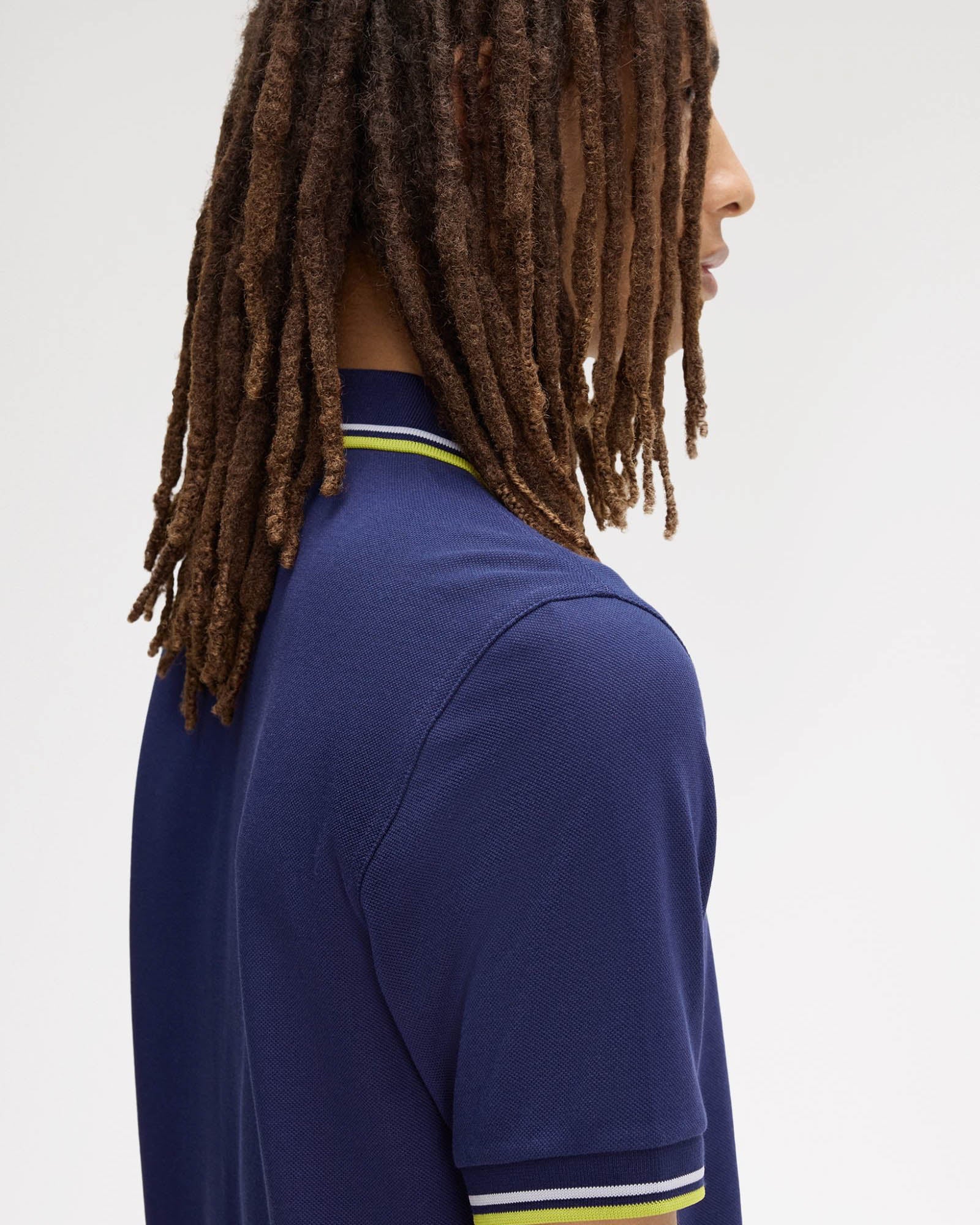 Fred Perry Mens Twin Tipped Signature Polo Shirt - French Navy/Dusky Blue/Citron 83B | CHO | Designer Mens Short Sleeve Polo Shirts