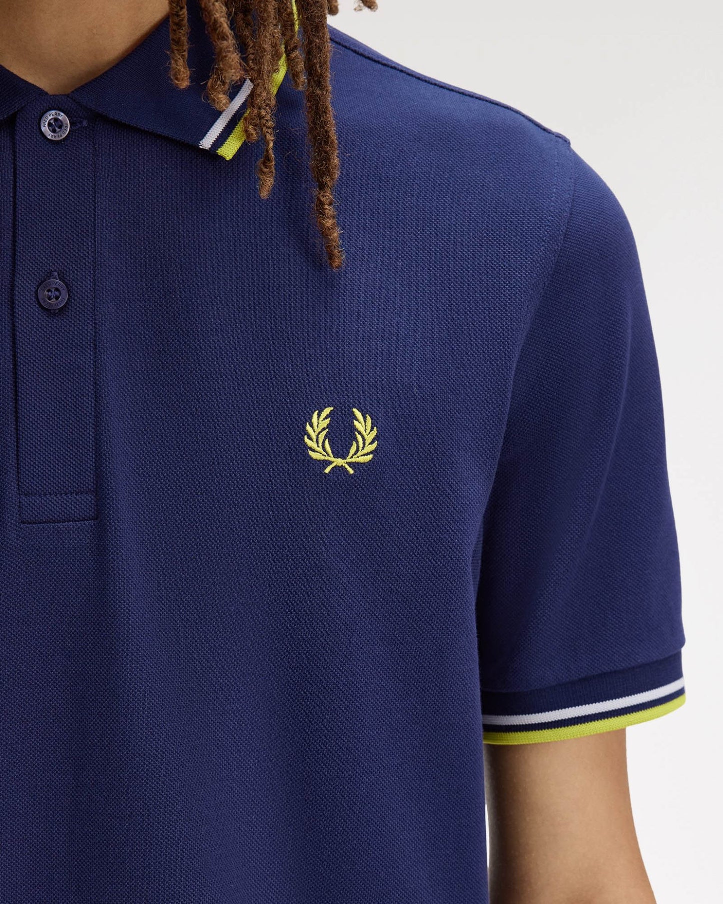 Fred Perry Mens Twin Tipped Signature Polo Shirt - French Navy/Dusky Blue/Citron 83B | CHO | Designer Mens Short Sleeve Polo Shirts