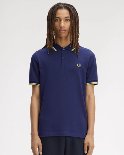 Fred Perry Mens Twin Tipped Signature Polo Shirt - French Navy/Dusky Blue/Citron 83B | CHO | Designer Mens Short Sleeve Polo Shirts