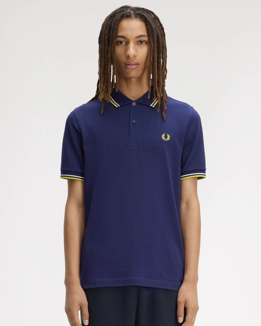 Fred Perry Mens Twin Tipped Signature Polo Shirt - French Navy/Dusky Blue/Citron 83B | CHO | Designer Mens Short Sleeve Polo Shirts