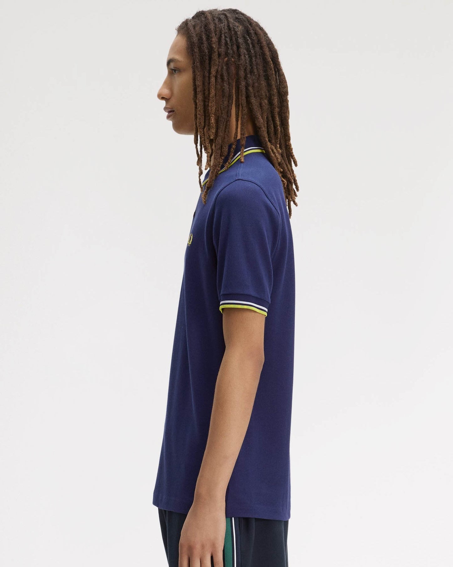 Fred Perry Mens Twin Tipped Signature Polo Shirt - French Navy/Dusky Blue/Citron 83B | CHO | Designer Mens Short Sleeve Polo Shirts