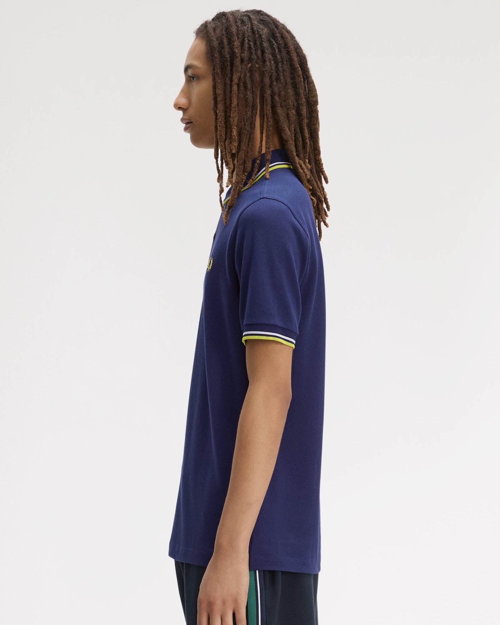 Fred Perry Mens Twin Tipped Signature Polo Shirt - French Navy/Dusky Blue/Citron 83B | CHO | Designer Mens Short Sleeve Polo Shirts