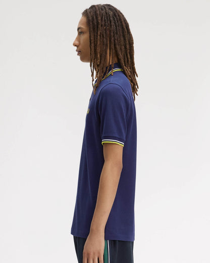 Fred Perry Mens Twin Tipped Signature Polo Shirt - French Navy/Dusky Blue/Citron 83B | CHO | Designer Mens Short Sleeve Polo Shirts
