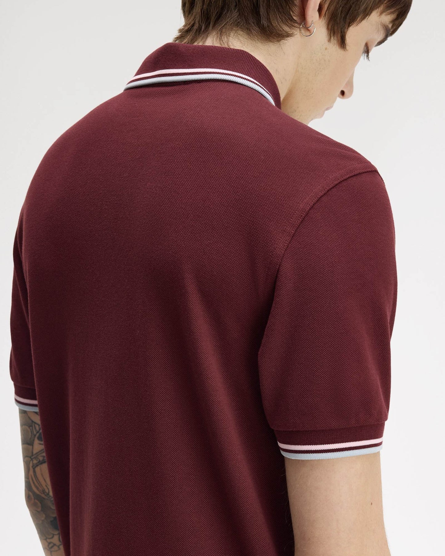 Fred Perry Mens Twin Tipped Signature Polo Shirt - Oxblood/Iced Pink/Dusk Blue 83C | CHO | Designer Mens Short Sleeve Polo Shirts
