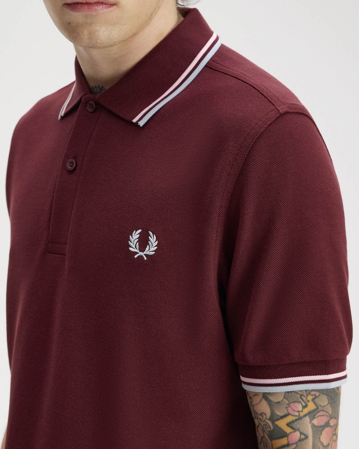 Fred Perry Mens Twin Tipped Signature Polo Shirt - Oxblood/Iced Pink/Dusk Blue 83C | CHO | Designer Mens Short Sleeve Polo Shirts