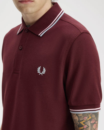 Fred Perry Mens Twin Tipped Signature Polo Shirt - Oxblood/Iced Pink/Dusk Blue 83C | CHO | Designer Mens Short Sleeve Polo Shirts