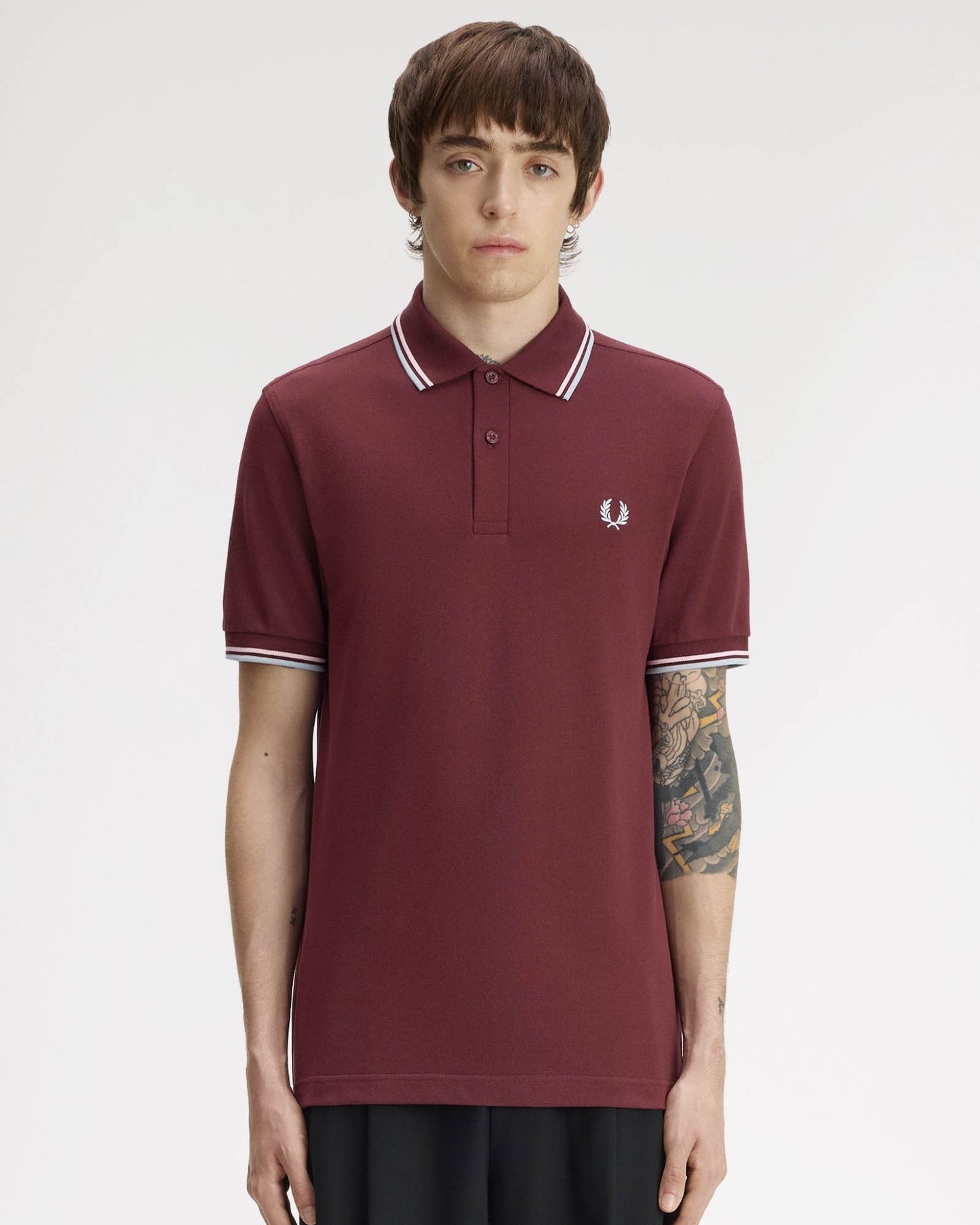 Fred Perry Mens Twin Tipped Signature Polo Shirt - Oxblood/Iced Pink/Dusk Blue 83C front