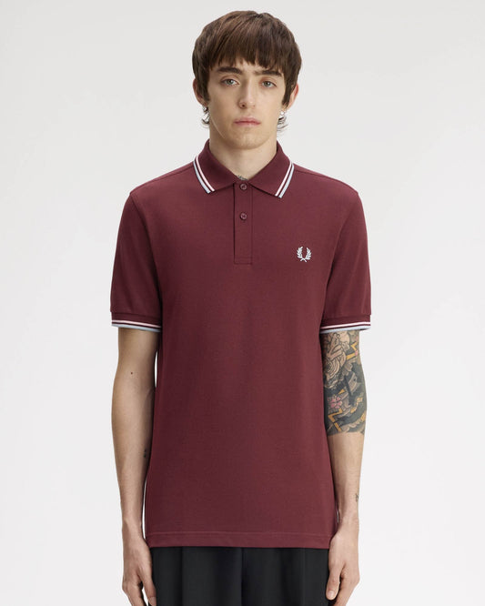 Fred Perry Mens Twin Tipped Signature Polo Shirt - Oxblood/Iced Pink/Dusk Blue 83C front