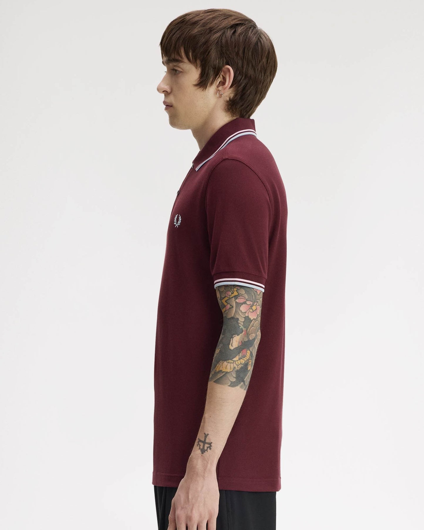 Fred Perry Mens Twin Tipped Signature Polo Shirt - Oxblood/Iced Pink/Dusk Blue 83C | CHO | Designer Mens Short Sleeve Polo Shirts