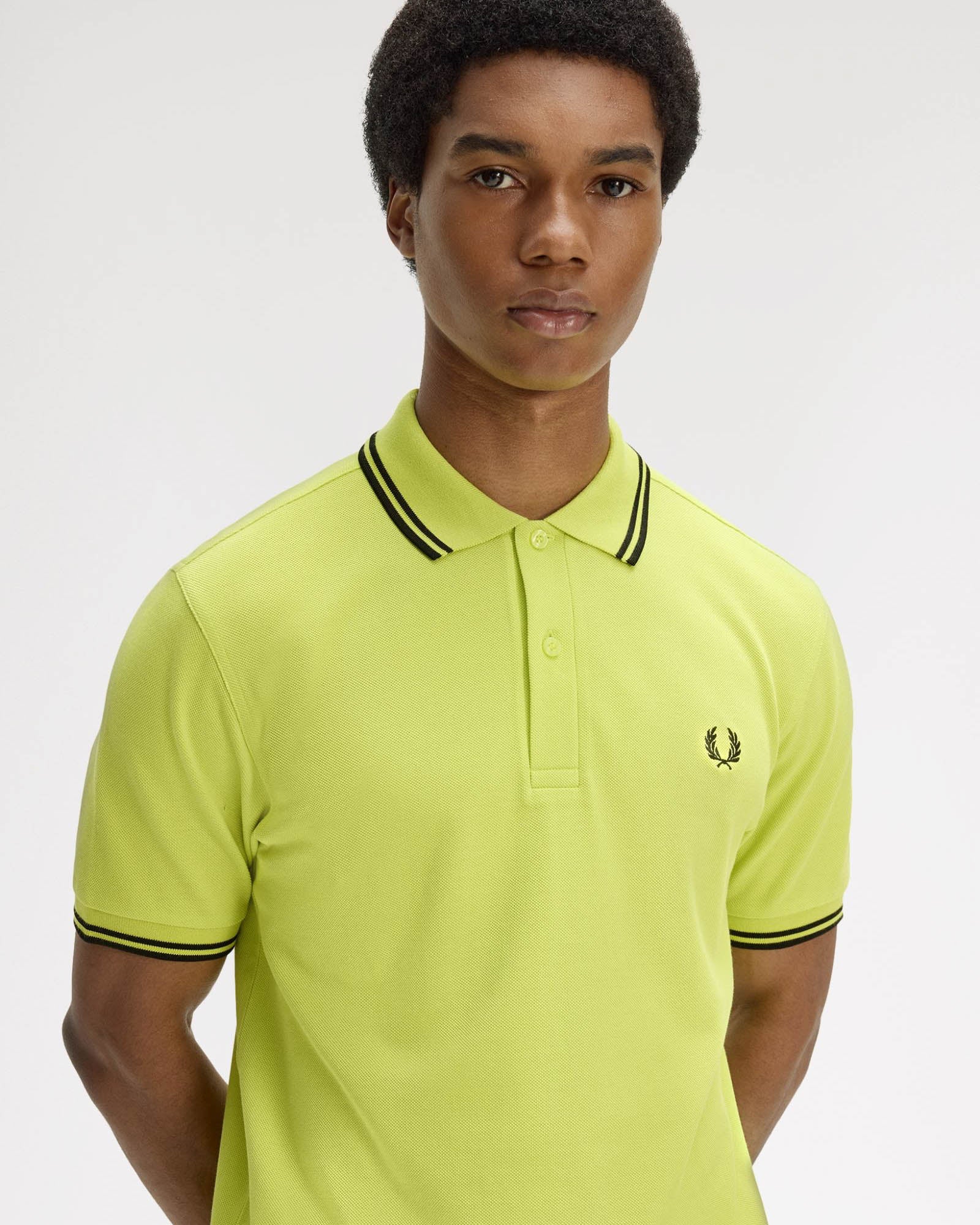 Fred Perry Mens Twin Tipped Signature Polo Shirt - Citron/Black/Black 84B | CHO | Designer Mens Short Sleeve Polo Shirts