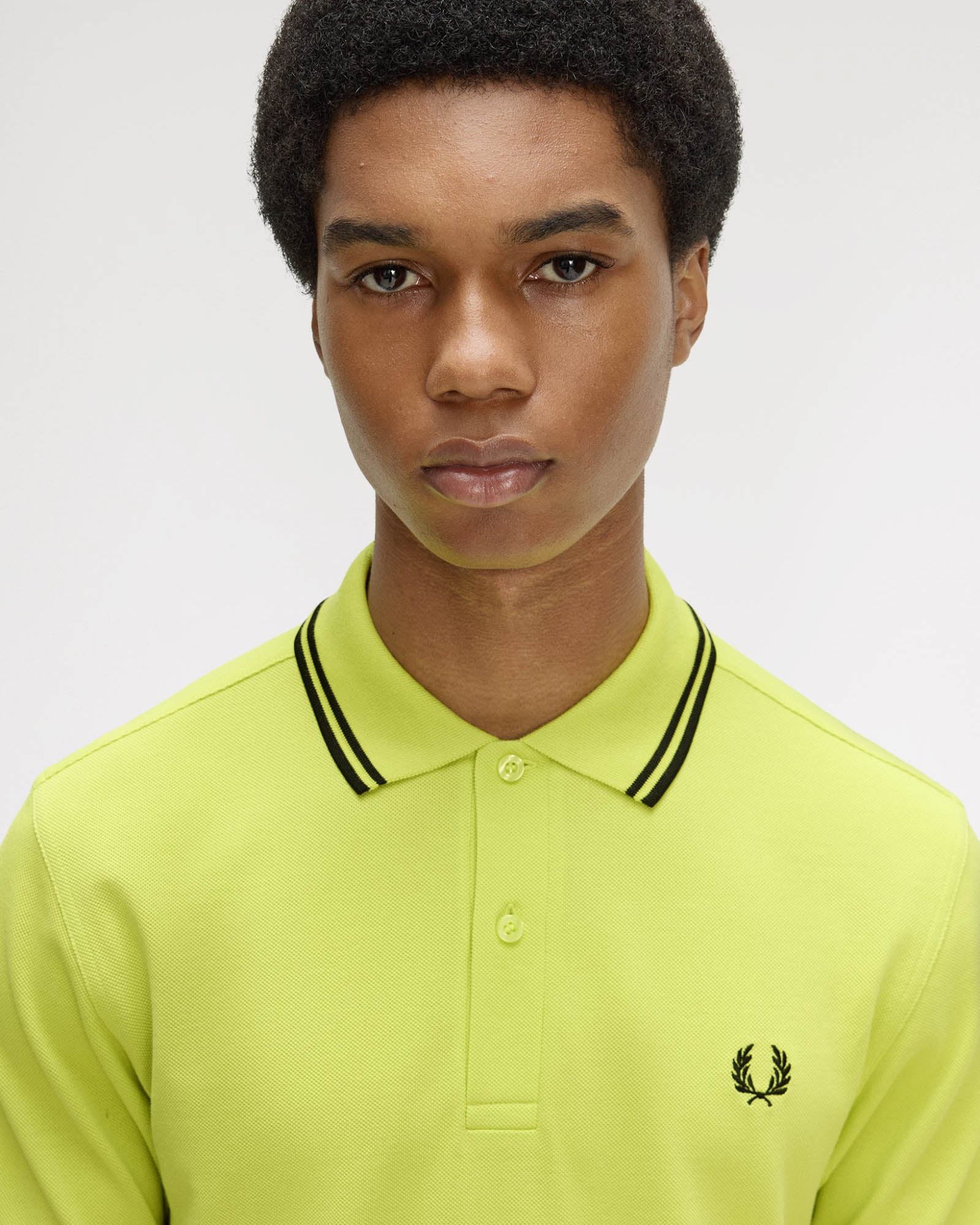 Fred Perry Mens Twin Tipped Signature Polo Shirt - Citron/Black/Black 84B | CHO | Designer Mens Short Sleeve Polo Shirts