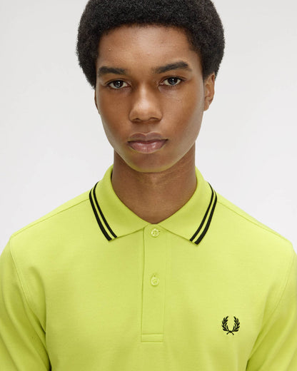 Fred Perry Mens Twin Tipped Signature Polo Shirt - Citron/Black/Black 84B | CHO | Designer Mens Short Sleeve Polo Shirts