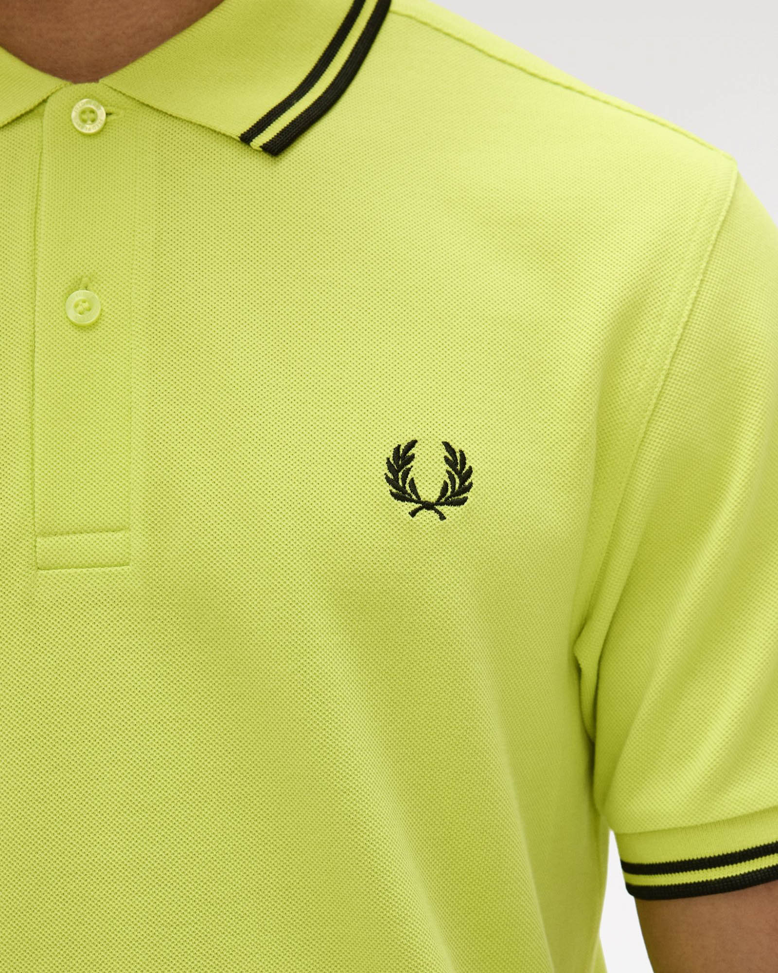 Fred Perry Mens Twin Tipped Signature Polo Shirt - Citron/Black/Black 84B | CHO | Designer Mens Short Sleeve Polo Shirts