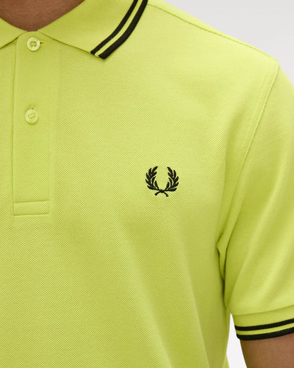 Fred Perry Mens Twin Tipped Signature Polo Shirt - Citron/Black/Black 84B | CHO | Designer Mens Short Sleeve Polo Shirts