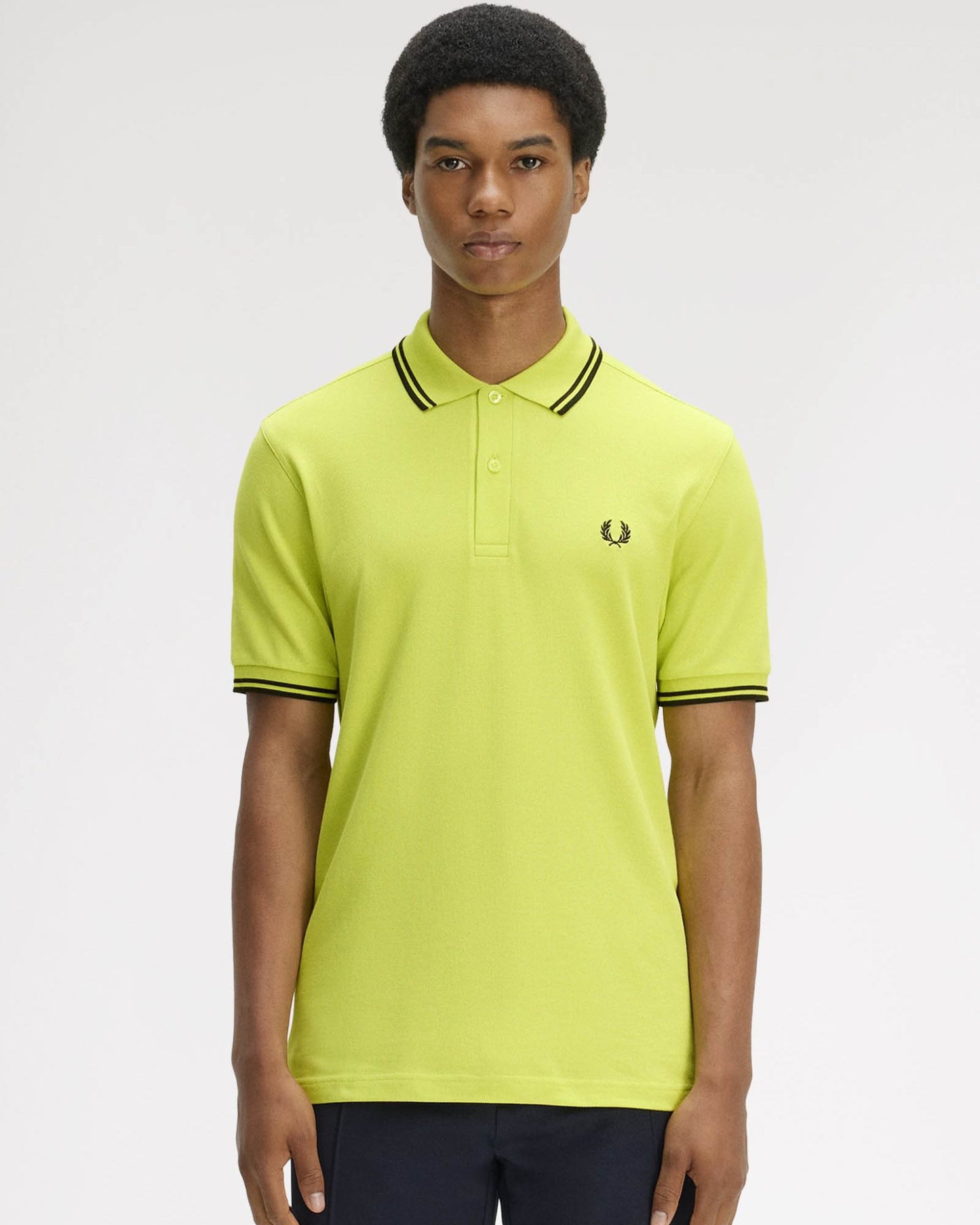 Fred Perry Mens Twin Tipped Signature Polo Shirt - Citron/Black/Black 84B | CHO | Designer Mens Short Sleeve Polo Shirts