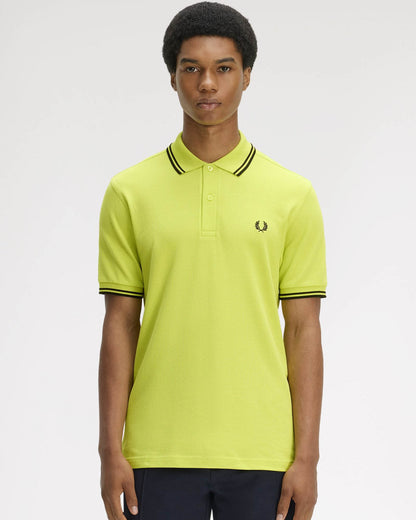 Fred Perry Mens Twin Tipped Signature Polo Shirt - Citron/Black/Black 84B | CHO | Designer Mens Short Sleeve Polo Shirts