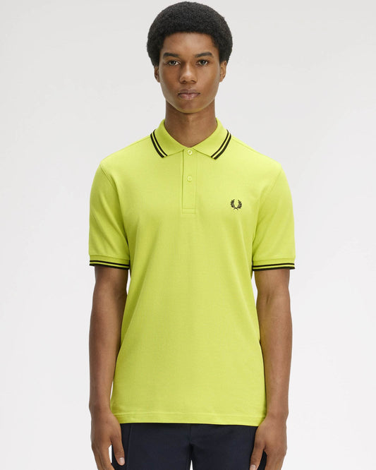 Fred Perry Mens Twin Tipped Signature Polo Shirt - Citron/Black/Black 84B | CHO | Designer Mens Short Sleeve Polo Shirts