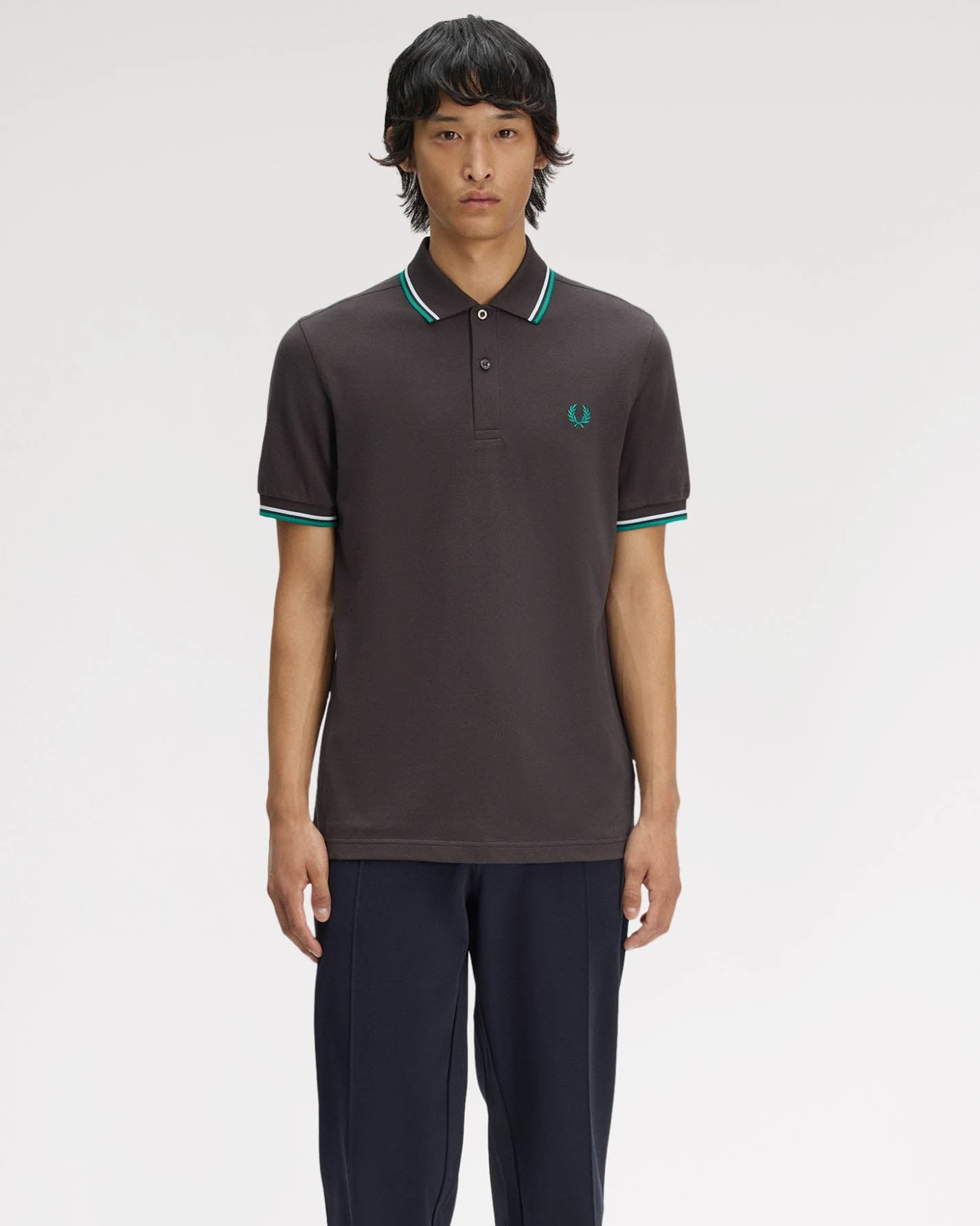Fred Perry Mens Twin Tipped Signature Polo Shirt - Anchor Grey/Light Ice/Sport Green 85B | CHO | Designer Mens Short Sleeve Polo Shirts