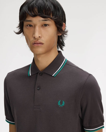 Fred Perry Mens Twin Tipped Signature Polo Shirt - Anchor Grey/Light Ice/Sport Green 85B | CHO | Designer Mens Short Sleeve Polo Shirts